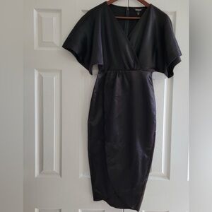 NWOT Express Black Satin Wrap-Style Midi Dress